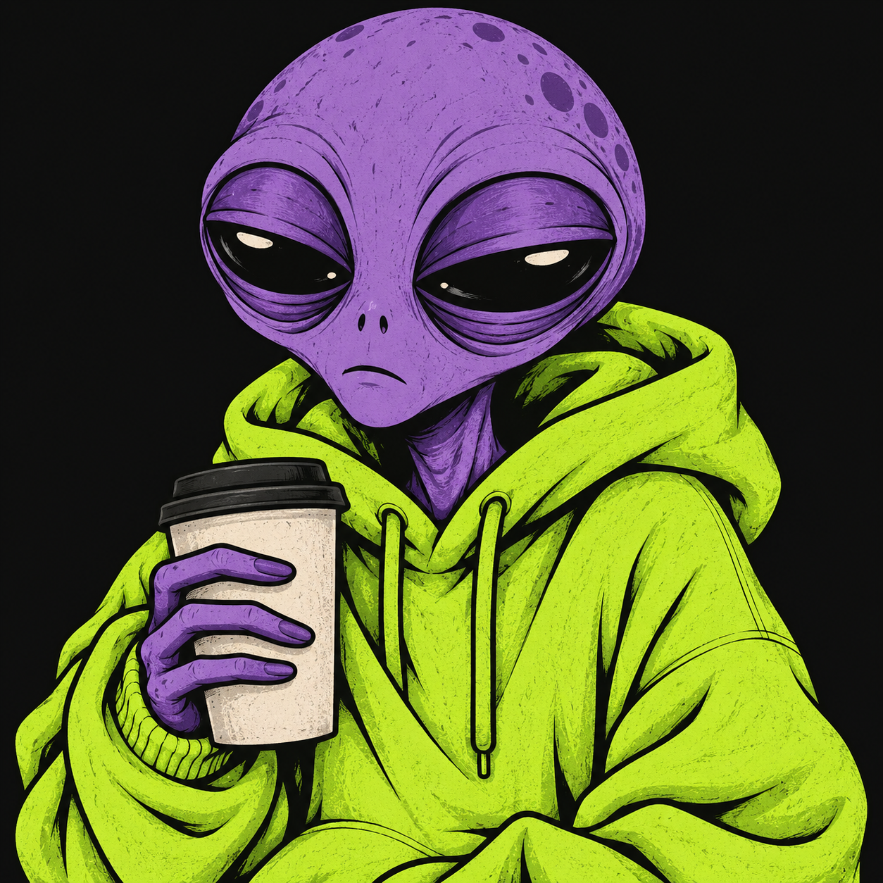 An exhausted purple alien wearing a lime hoodie and holding a coffee cup